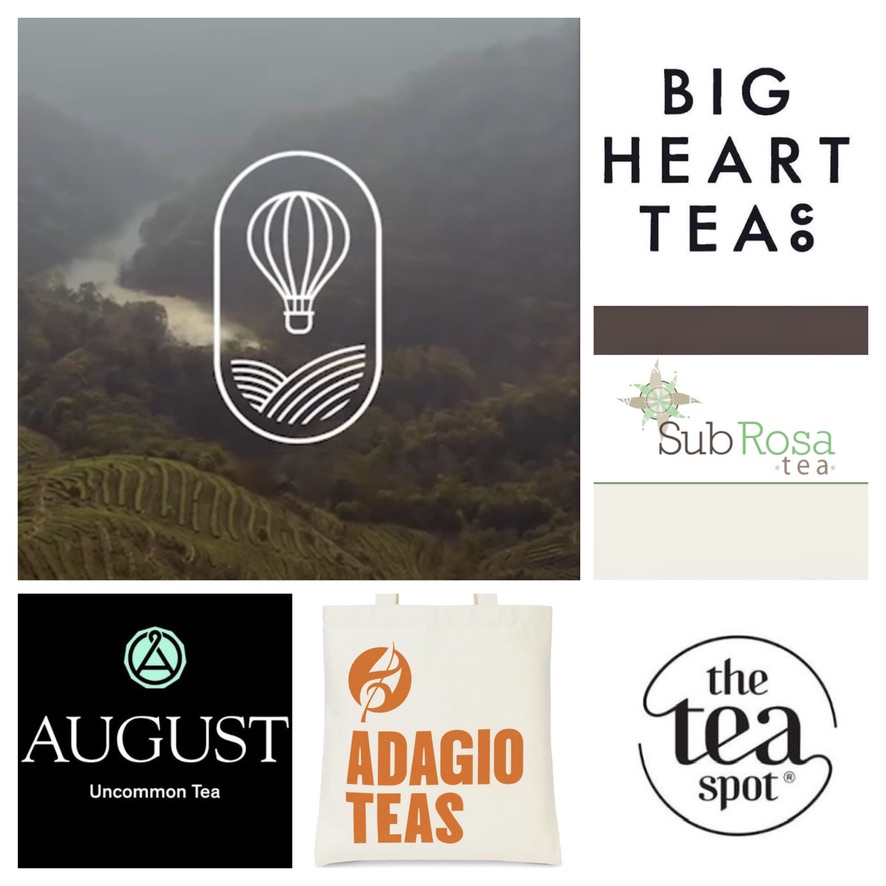 Collage of tea brand logos carried at SereniTea Boutique including August, Big Heart Tea Co, Sub Rosa Tea, Adagio Teas, and The Tea Spot