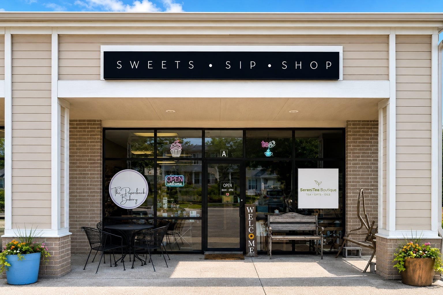 Exterior storefront of SereniTea Boutique in Lee's Summit with Sweets Sip Shop signage