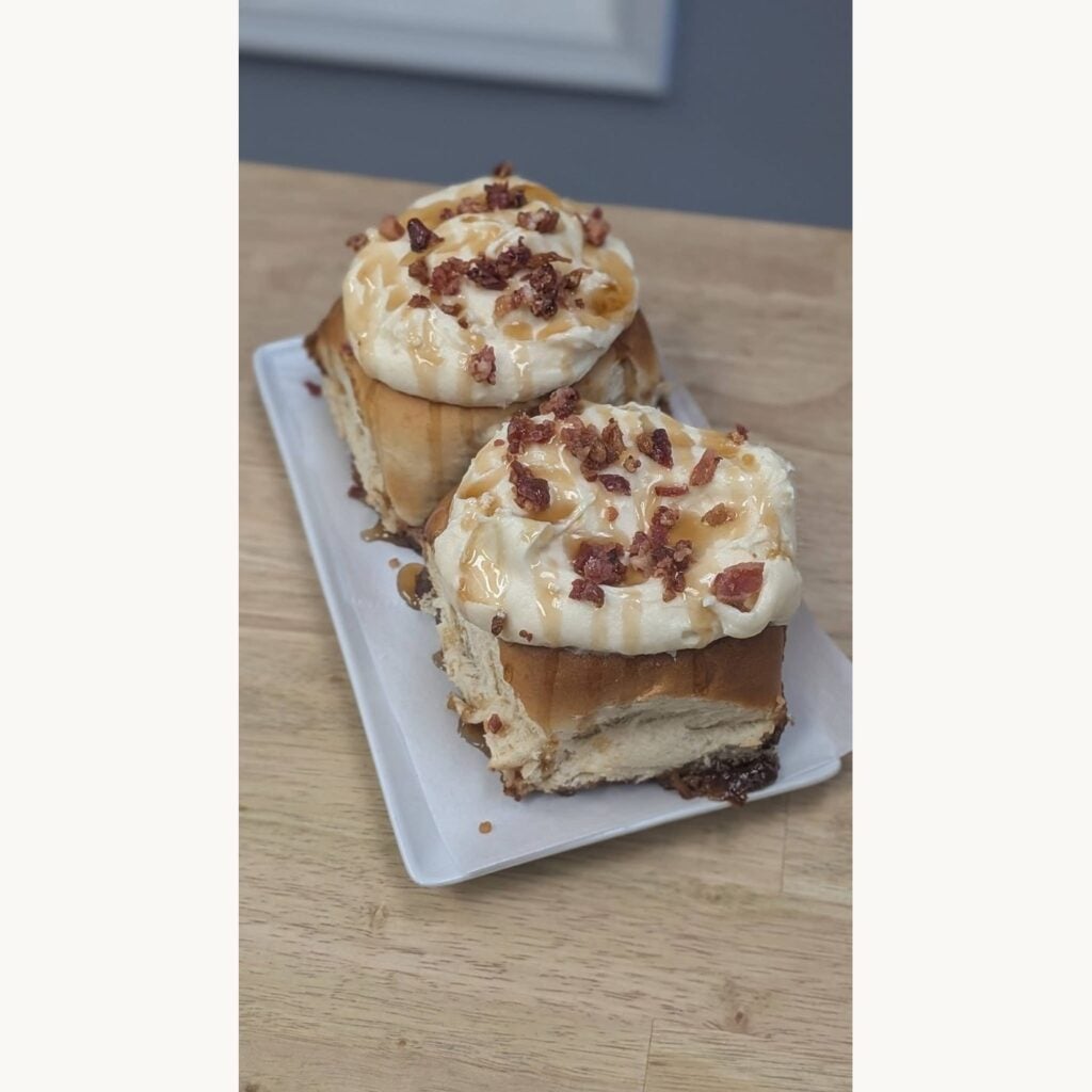 Bacon caramel cinnamon rolls from The Paperback Bakery at SereniTea Boutique