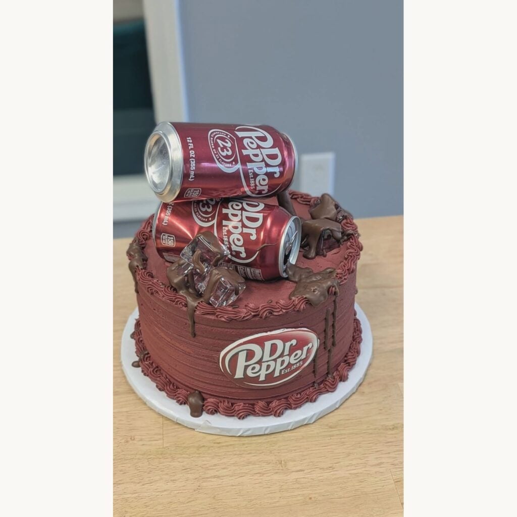 Custom Dr Pepper themed cake from The Paperback Bakery at SereniTea Boutique