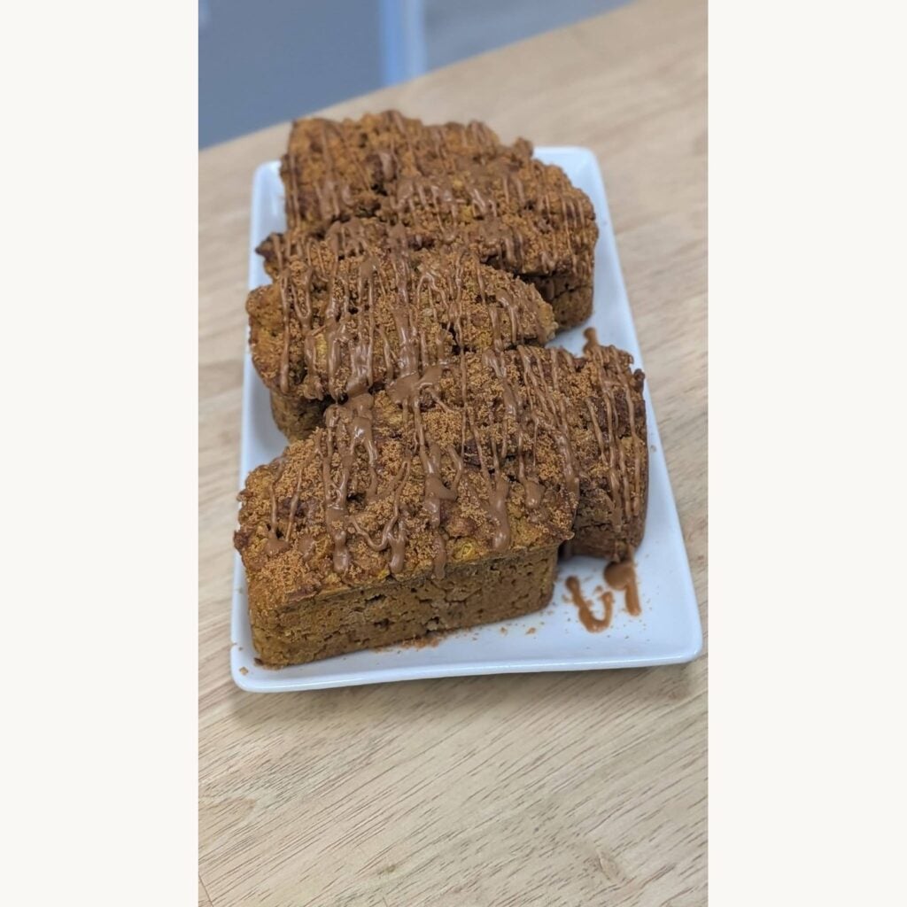 Pumpkin bread loaves with drizzle from The Paperback Bakery at SereniTea Boutique