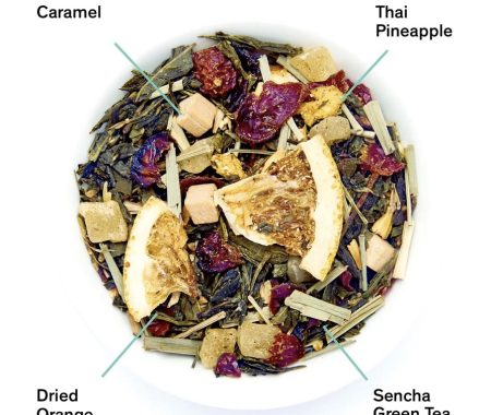 Sencha green tea blend with caramel, Thai pineapple, and dried orange labeled at SereniTea Boutique
