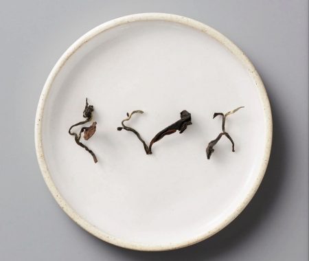 Twisted dark oolong tea leaves arranged on a speckled ceramic plate at SereniTea Boutique
