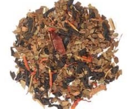 Roasted yerba mate blend with chopped leaves and safflower petals at SereniTea Boutique