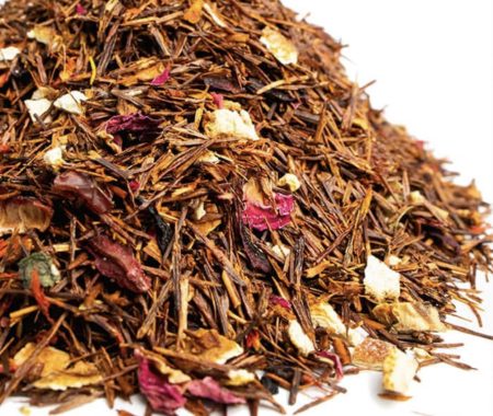 Rooibos herbal tea blend with rose petals, dried citrus, and fruit pieces at SereniTea Boutique