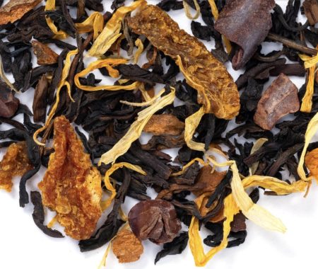 Decaf tea blend with dried orange pieces, marigold petals, and cacao shards at SereniTea Boutique