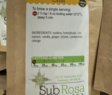 Rooibos vanilla chai tea in a kraft pouch with brewing instructions at SereniTea Boutique